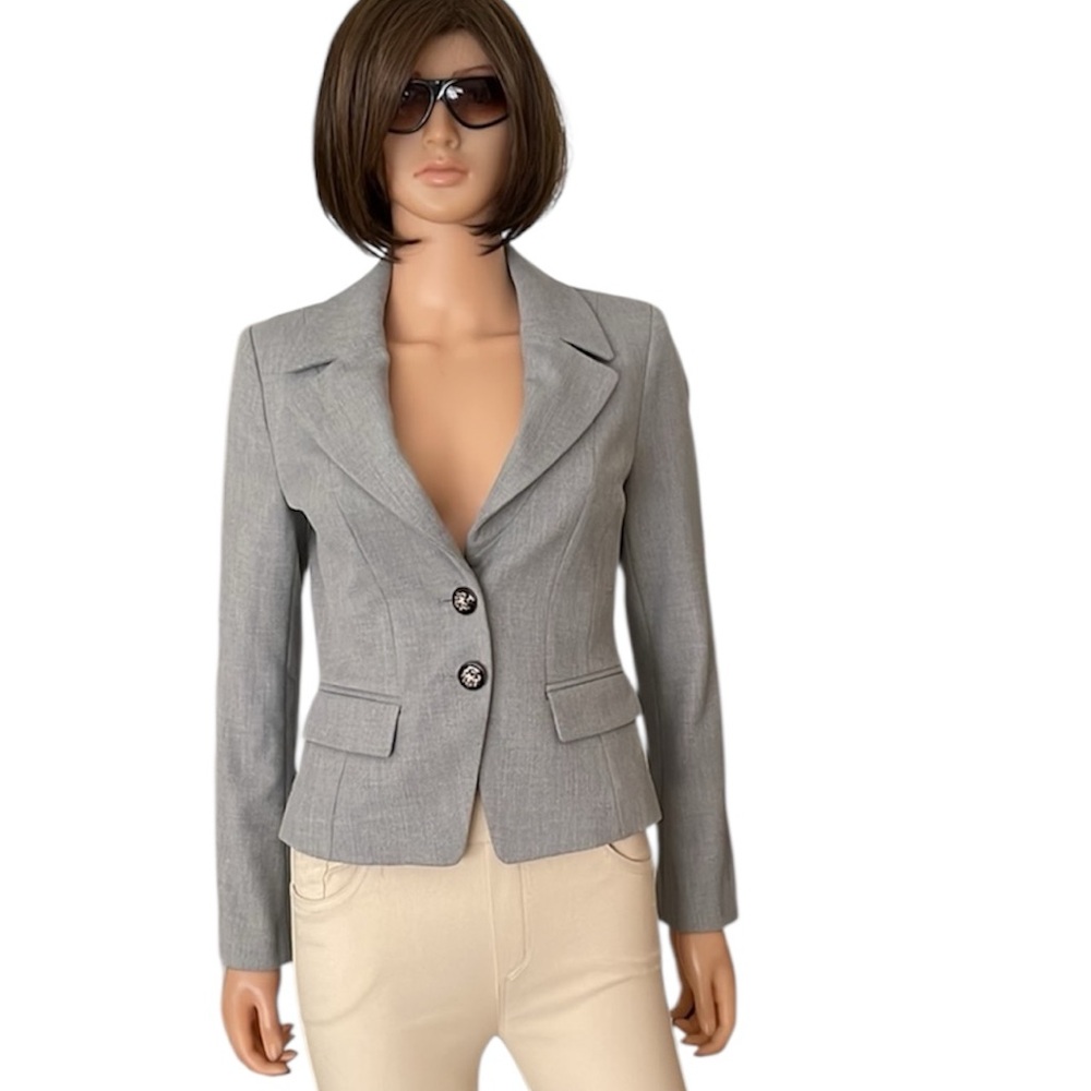 White House Black Market Women’s Gray Peplum Blazer Crest Buttons Size 4